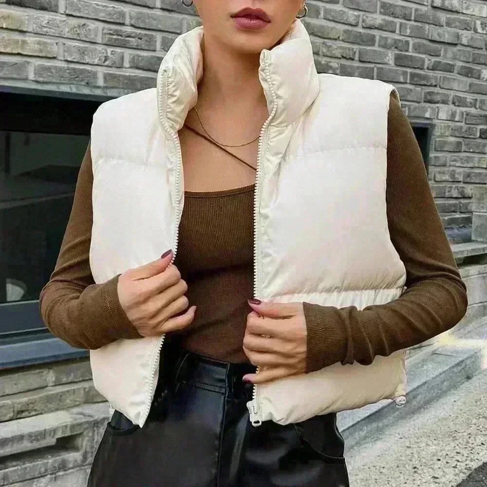 Beige Casual Women's White Sleeveless Padded Coat - Picture 6 of 6